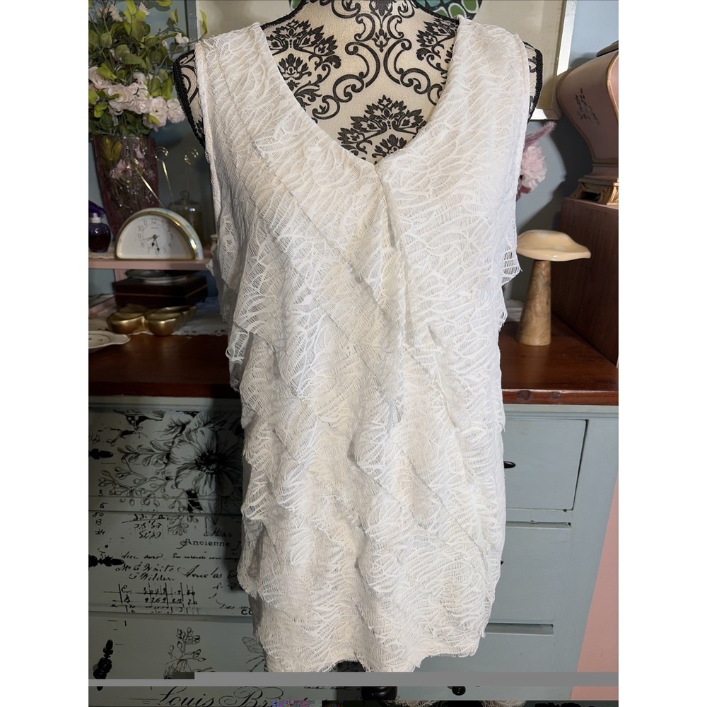 Coldwater Creek White Ruffled Lace Front Blouse Sz Large
